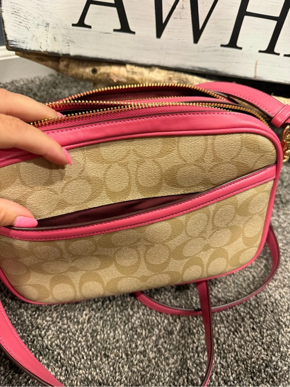 Coach Signature double zip Jes Crossbody with Pink Trim